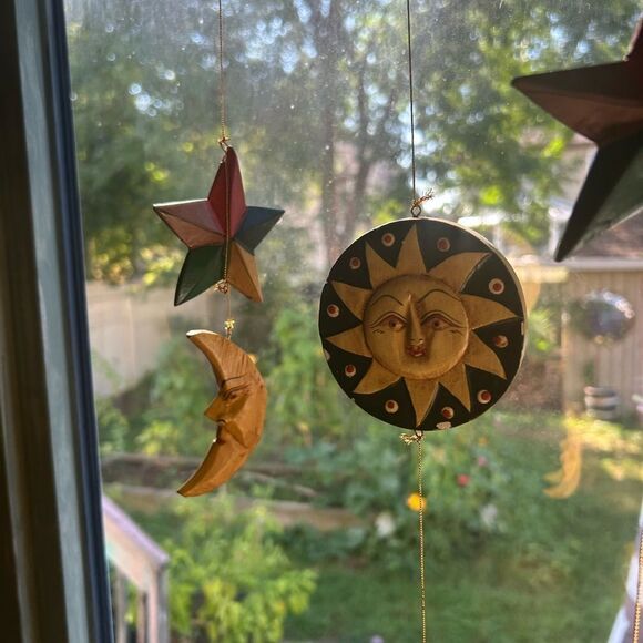 Hand Carved Wooden Star and Moon Ornament Mobile Vintage 90s Indonesia 28.5" - Picture 7 of 16